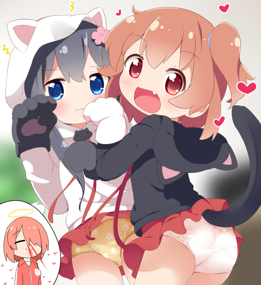 3girls :d animal_ears animal_hood ass bangs black_hair black_hoodie blood blue_eyes blurry blurry_background blush brown_hair cat_ears cat_hood cat_paws cat_tail closed_eyes closed_mouth commentary depth_of_field eyebrows_visible_through_hair fang female_pervert floating_hair flower gloves grey_hair hair_between_eyes hair_flower hair_ornament hair_over_one_eye hair_tie halo hand_up head_tilt heart highres hood hood_down hood_up hoodie hoshino_hinata hoshino_miyako_(wataten) jacket long_hair long_sleeves looking_at_viewer looking_back makuran multiple_girls nosebleed one_side_up open_mouth orange_hair panties paw_gloves paws pervert pink_flower pleated_skirt print_panties red_eyes red_jacket red_ribbon red_skirt ribbon shirosaki_hana shirt side_ponytail skirt skirt_lift smile tail tail_raised track_jacket underwear very_long_hair watashi_ni_tenshi_ga_maiorita! wavy_mouth white_hoodie white_panties white_shirt yellow_panties