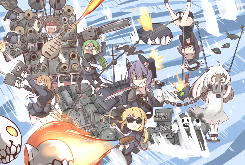 6+girls bdsm black_gloves blonde_hair bondage bound brown_hair chains chainsaw checkered checkered_neckwear double_bun drum_(container) enemy_aircraft_(kantai_collection) eyepatch flamethrower glaive gloves goggles gun hair_intakes headgear i-class_destroyer ido_(teketeke) kantai_collection light_green_hair mad_max mad_max:_fury_road mechanical_halo mochizuki_(kantai_collection) multiple_girls nagatsuki_(kantai_collection) naka_(kantai_collection) necktie northern_ocean_hime partly_fingerless_gloves purple_hair satsuki_(kantai_collection) school_uniform short_hair skeleton skirt sword tatsuta_(kantai_collection) tenryuu_(kantai_collection) thigh-highs weapon white_hair yellow_eyes