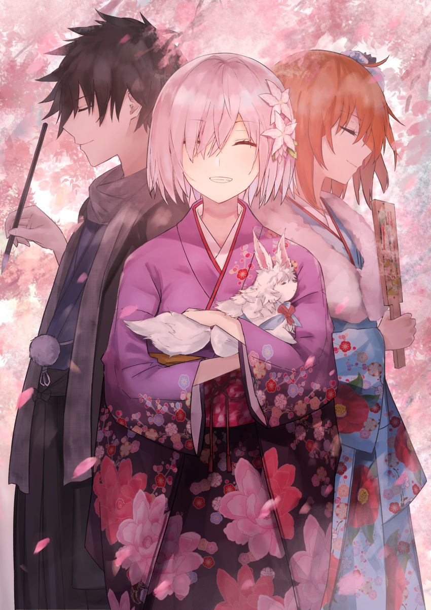 1boy 2girls ^_^ absurdres ahoge alternate_costume black_hair black_hakama blue_kimono calligraphy_brush cherry_blossoms closed_eyes closed_eyes commentary_request cowboy_shot facing_viewer fate/grand_order fate_(series) floral_print fou_(fate/grand_order) from_side fujimaru_ritsuka_(female) fujimaru_ritsuka_(male) fur_trim grey_scarf grin hakama hand_up haori highres holding holding_brush japanese_clothes kimono long_sleeves mash_kyrielight multiple_girls obi orange_hair paddle paintbrush pink_hair pink_sash profile purple_kimono sash scarf short_hair smile standing thkani wide_sleeves