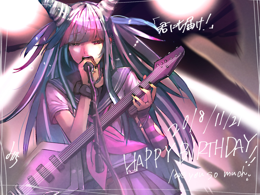 1girl black_nails commentary_request cowboy_shot dangan_ronpa dated ear_piercing electric_guitar english_text eyebrows_visible_through_hair gloves guitar happy_birthday highres holding holding_microphone instrument jellicle341 long_hair microphone microphone_stand mioda_ibuki mismatched_gloves multicolored_hair music nail_polish open_mouth piercing pink_eyes pink_skirt school_uniform serafuku shirt short_sleeves singing skirt solo super_dangan_ronpa_2 translation_request white_shirt