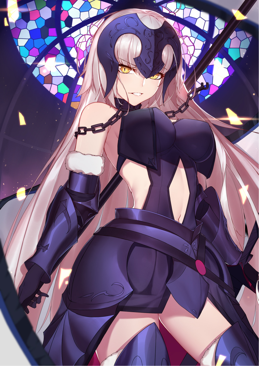 1girl armor bare_shoulders black_gloves breasts chains elbow_gloves eyebrows_visible_through_hair fate/grand_order fate_(series) flag fur_trim gauntlets gloves greaves grin helmet highres jeanne_d'arc_(alter)_(fate) jeanne_d'arc_(fate)_(all) langya_beike long_hair looking_at_viewer navel sheath sheathed silver_hair smile solo stained_glass sword thigh-highs very_long_hair weapon yellow_eyes