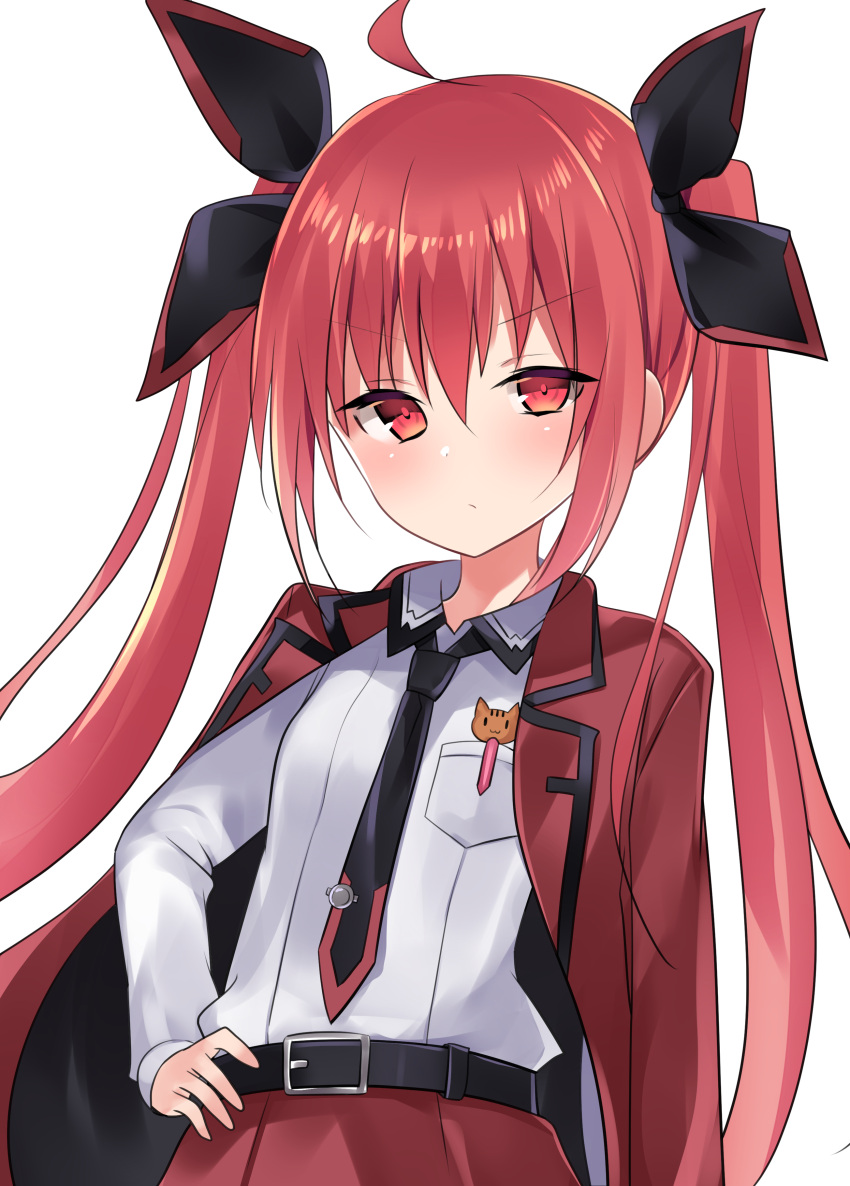 1girl absurdres ahoge bangs belt black_neckwear black_ribbon blush breast_pocket closed_mouth coat collared_shirt date_a_live eyebrows_visible_through_hair frown hair_between_eyes hair_ribbon hand_on_hip highres itsuka_kotori jacket_on_shoulders long_hair looking_at_viewer natsu_(sinker8c) necktie open_clothes open_coat pocket red_coat red_eyes redhead ribbon shirt shirt_tucked_in sidelocks simple_background solo twintails upper_body v-shaped_eyebrows white_background white_shirt wing_collar