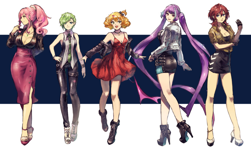 5girls :d absurdly_long_hair anklet asymmetrical_gloves black_bow black_dress black_footwear black_gloves black_panties blonde_hair blue_eyes boots bow breasts brown_jacket choker cleavage clothes_down collarbone dress elbow_gloves floating_hair freyja_wion full_body gloves green_hair green_neckwear grey_jacket hair_bow hair_ornament hair_twirling half_gloves hand_on_hip heart heart_hair_ornament high-waist_skirt high_heel_boots high_heels high_ponytail highlights highres jacket jewelry kaname_buccaneer large_breasts long_hair looking_at_viewer looking_back looking_to_the_side macross macross_delta makina_nakajima medium_skirt mikumo_guynemer multicolored_hair multiple_girls necklace necktie one_side_up open_clothes open_jacket open_mouth panties parted_lips pink_hair pink_skirt pointy_ears pumps purple_hair red_dress redhead reina_prowler shimatani_azu shiny shiny_hair short_dress short_hair short_sleeves skin_tight skirt sleeveless sleeveless_dress small_breasts smile standing twintails underwear very_long_hair white_background