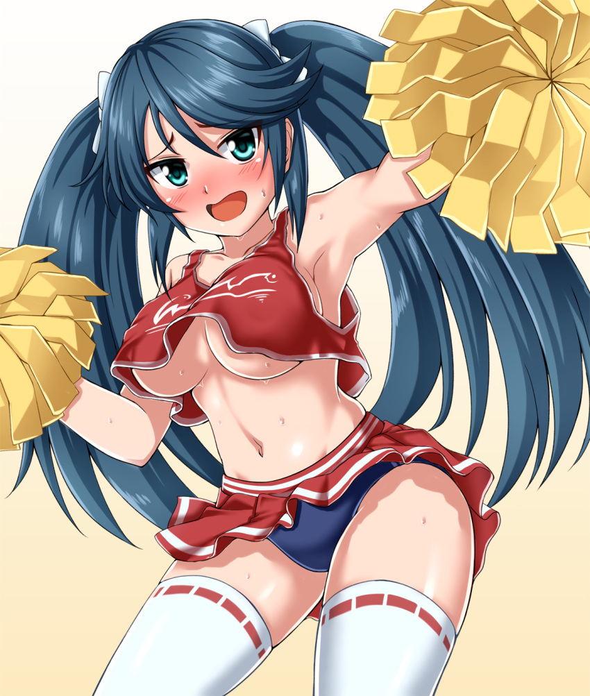 1girl :d armpits blue_eyes blue_hair blush breasts buruma cheerleader collarbone commentary_request crop_top eyebrows_visible_through_hair furrowed_eyebrows gradient gradient_background hair_between_eyes hair_ribbon highres isuzu_(kantai_collection) kantai_collection large_breasts long_hair looking_at_viewer miniskirt navel nose_blush open_mouth outstretched_arm pleated_skirt pom_poms revision ribbon simple_background skirt smile solo sportswear sweat thigh-highs twintails very_long_hair white_background white_legwear zanntetu