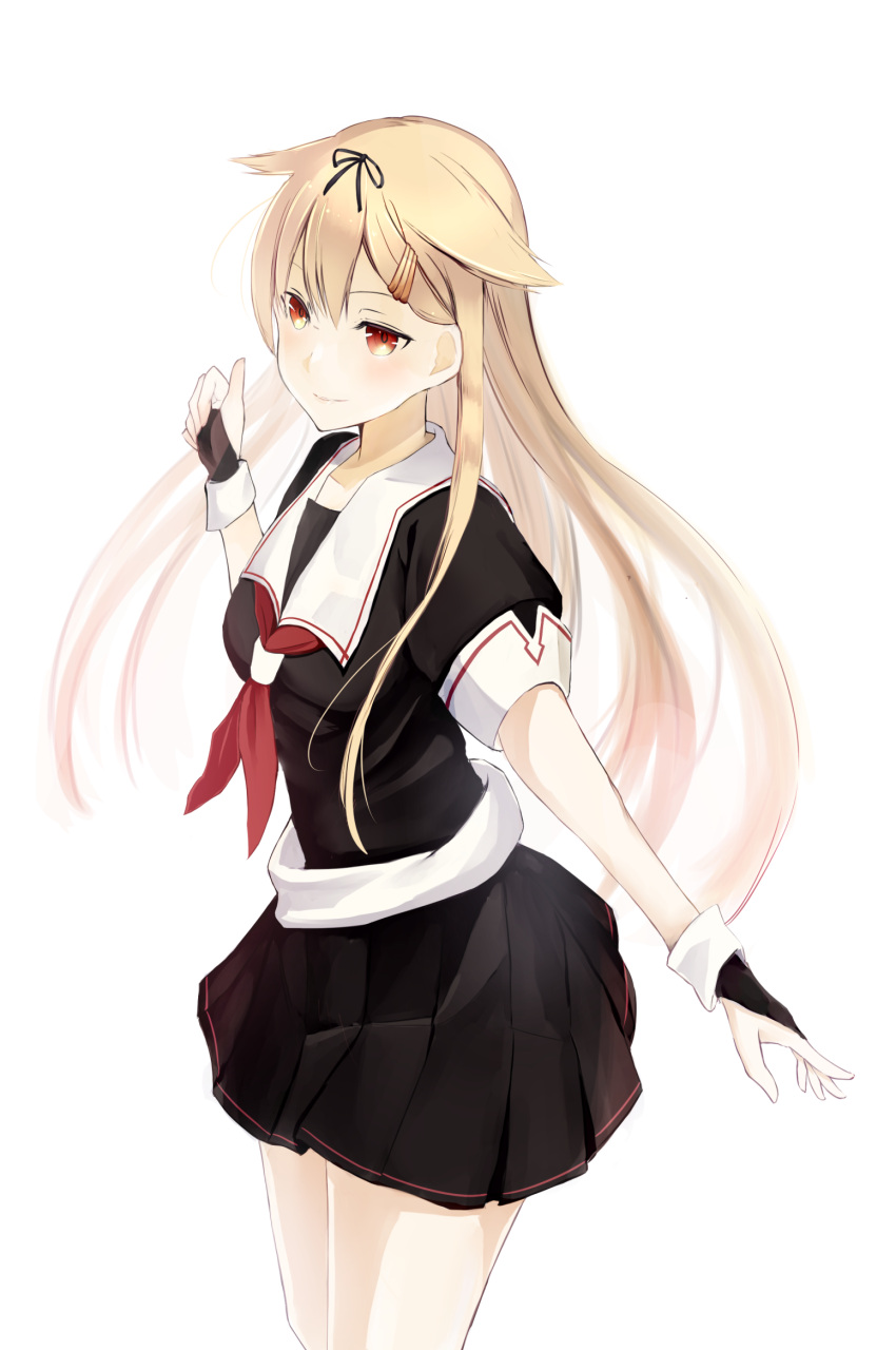 1girl black_ribbon black_serafuku black_shirt black_skirt blonde_hair bridal_gauntlets floating_hair hair_between_eyes hair_ornament hair_ribbon hairclip highres kantai_collection long_hair miniskirt neckerchief pleated_skirt red_eyes red_neckwear remodel_(kantai_collection) ribbon sailor_collar school_uniform serafuku shirt short_sleeves simple_background skirt smile solo standing unajuu_(set_mk) very_long_hair white_background white_sailor_collar yuudachi_(kantai_collection)