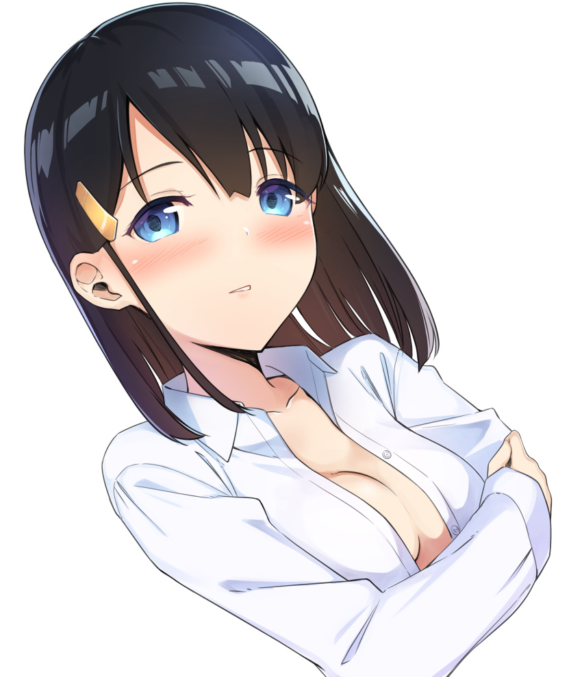 1girl absurdres apollo_(hu_maple) black_hair blue_eyes blush breasts dress_shirt highres long_sleeves looking_at_viewer naked_shirt no_bra original shirt simple_background solo white_background white_shirt