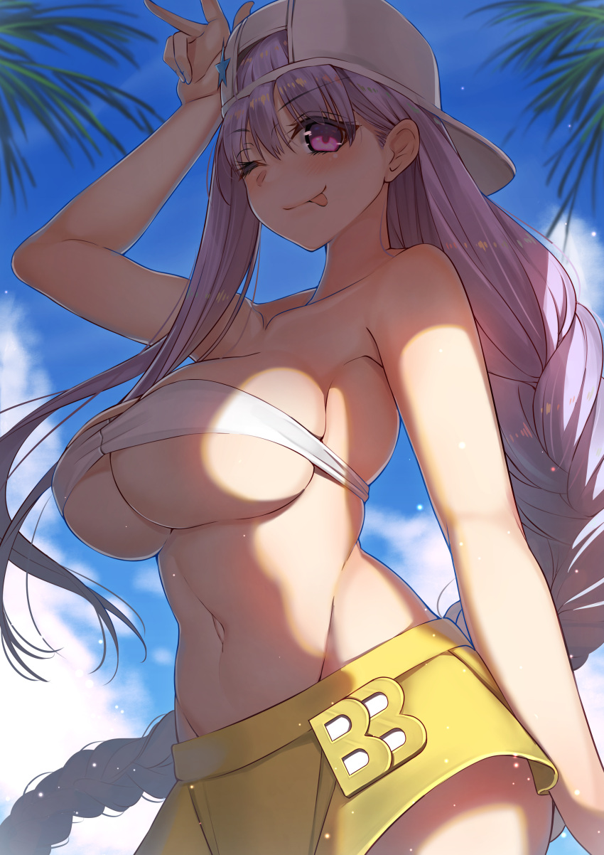 1girl :p absurdres arm_up backwards_hat baseball_cap bb_(fate)_(all) bb_(swimsuit_mooncancer)_(fate) bikini blush braid breasts clouds collarbone fate/grand_order fate_(series) hat highres jacket large_breasts leaf long_hair looking_at_viewer navel one_eye_closed single_braid skirt sky smile solo swimsuit tongue tongue_out very_long_hair white_bikini yamanokami_eaka yellow_jacket yellow_skirt