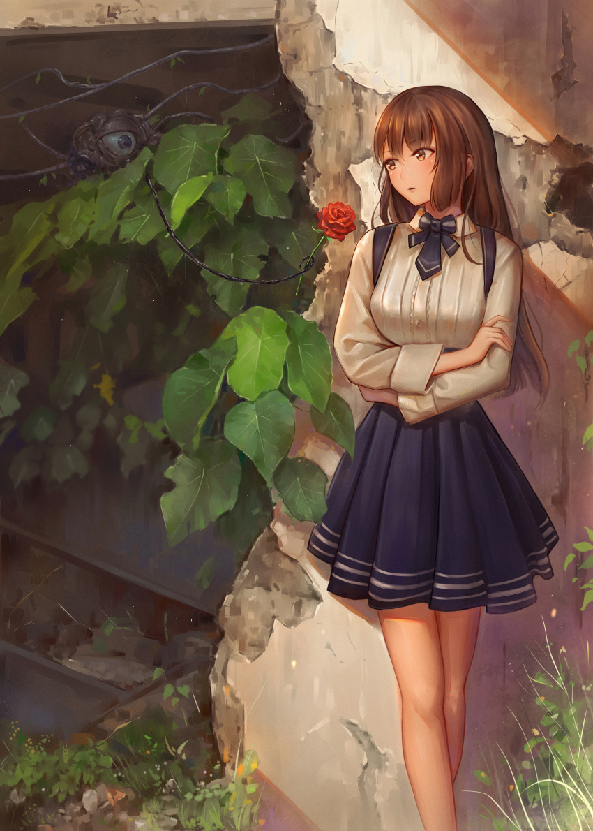 1girl absurdres bangs bare_legs blue_skirt breasts brown_eyes brown_hair collared_shirt commentary_request day eyebrows_visible_through_hair feet_out_of_frame flower grass high-waist_skirt highres holding holding_flower large_breasts long_hair long_sleeves looking_to_the_side monster original outdoors parted_lips plant red_flower rose shirt sidelocks skirt solo standing thighs white_shirt yahiro_(666131415)