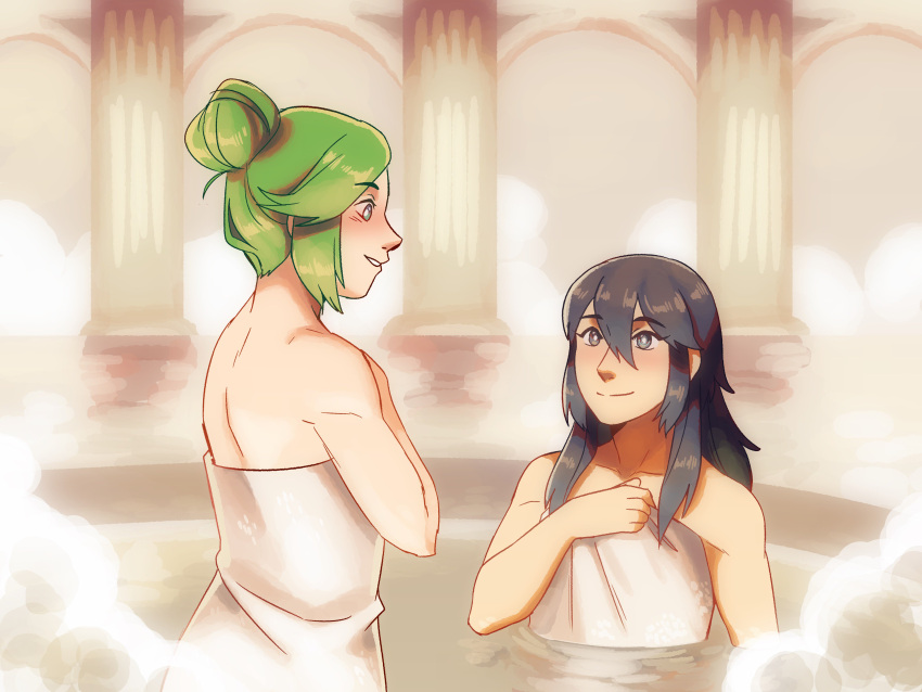 2girls absurdres bare_shoulders bath blue_eyes blue_hair blush breasts couple cute fire_emblem fire_emblem:_kakusei frogbians goddess green_eyes green_hair hair_bun highres hot_springs intelligent_systems jewelry kid_icarus long_hair lucina multiple_girls naked_towel necklace nintendo onsen palutena relaxing smile sora_(company) super_smash_bros. super_smash_bros._ultimate super_smash_bros_for_wii_u_and_3ds towel very_long_hair water yuri