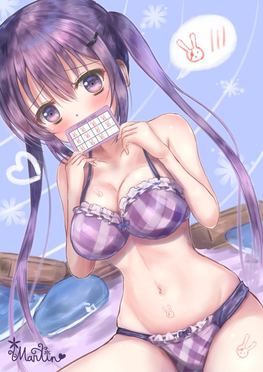 1girl absurdres artist_name blue_background blue_hat blush bra breasts cleavage collarbone covering_mouth eyebrows_visible_through_hair frilled_bra frilled_panties frills gochuumon_wa_usagi_desu_ka? hair_between_eyes hair_ornament hairclip hat hat_removed headwear_removed heart highres long_hair looking_at_viewer martinreaction medium_breasts navel panties purple_bra purple_hair purple_panties sitting solo speech_bubble tedeza_rize twintails underwear underwear_only very_long_hair violet_eyes