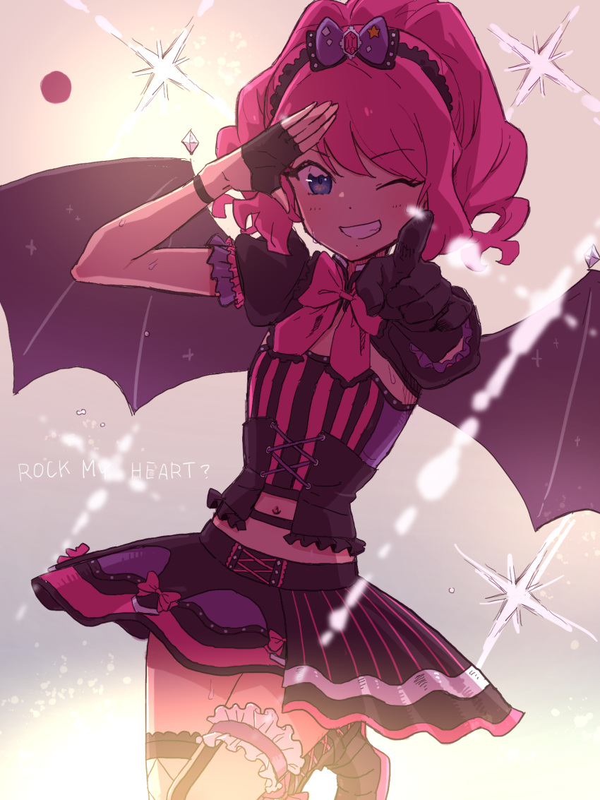 1girl ;d aikatsu!_(series) aikatsu_stars! bangs bat_wings blue_eyes blush boots bow bowtie commentary_request crop_top detached_sleeves drill_hair english_text eyebrows_visible_through_hair fake_wings fingerless_gloves frills gem gloves grin hair_bow hairband highres idol lace_trim leg_up lights long_hair looking_at_viewer navel navel_cutout one_eye_closed open_mouth pink_hair pointing pointing_at_viewer puffy_short_sleeves puffy_sleeves sakuraba_rola salute short_sleeves skirt smile solo stage_lights susinoyama sweat swept_bangs wings