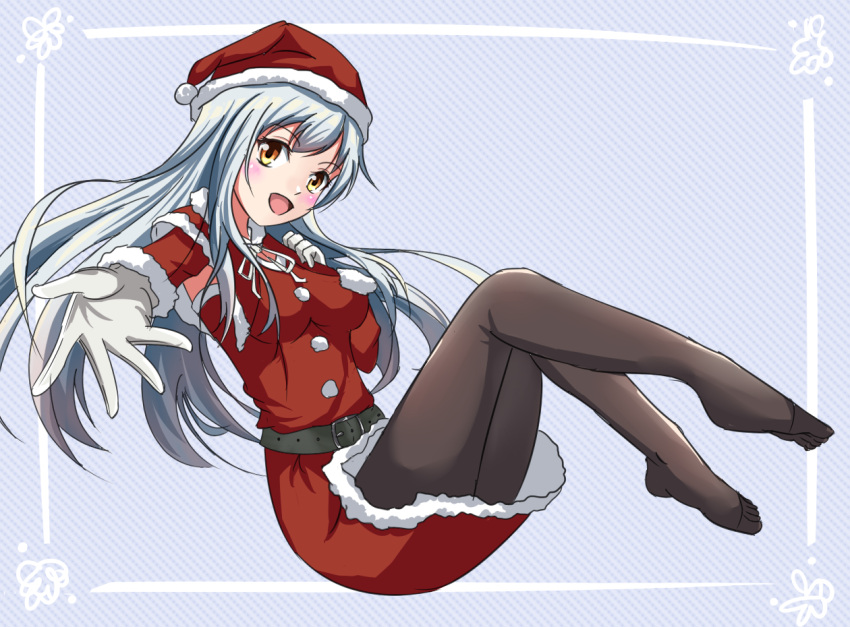 1girl :d ai_style black_legwear blush capelet eyebrows_visible_through_hair floating_hair from_side full_body fur-trimmed_capelet fur-trimmed_hat fur-trimmed_skirt fur-trimmed_sleeves fur_trim gloves hat kantai_collection long_hair looking_at_viewer miniskirt open_mouth outstretched_arm pantyhose red_capelet red_hat red_skirt santa_costume santa_hat shoukaku_(kantai_collection) silver_hair skirt skirt_set smile solo very_long_hair white_gloves yellow_eyes