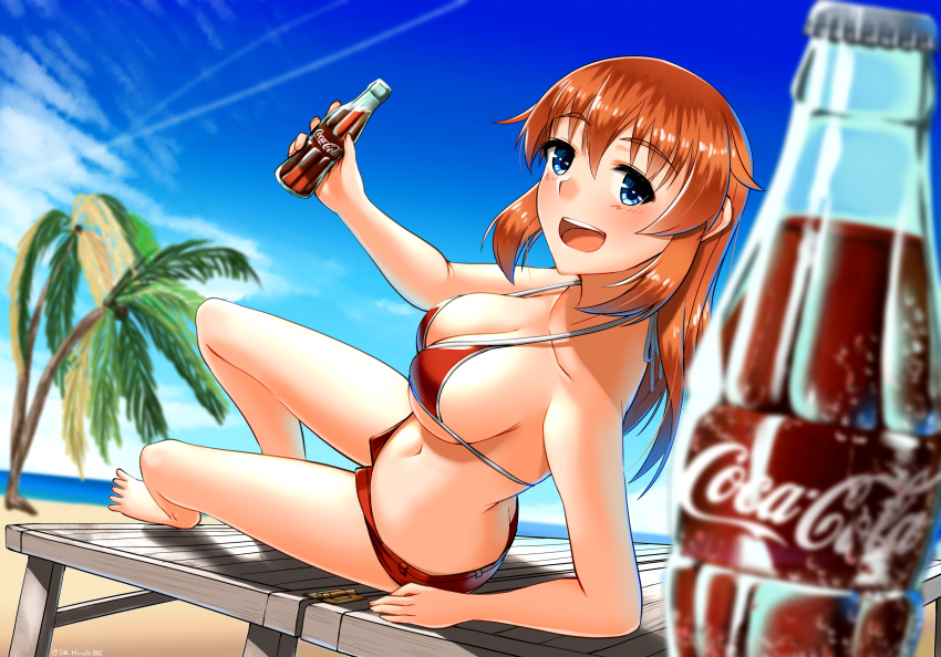 1girl beach bikini blue_eyes blush breasts brown_hair butt_crack charlotte_e_yeager clouds coke-bottle_glasses collarbone drink eyebrows_visible_through_hair glasses highres hiroshi_(hunter-of-kct) large_breasts long_hair looking_at_viewer navel ocean open_mouth outdoors palm_tree red_bikini shiny shiny_hair shorts sky smile solo strike_witches swimsuit swimwear teeth tongue tree upper_teeth world_witches_series