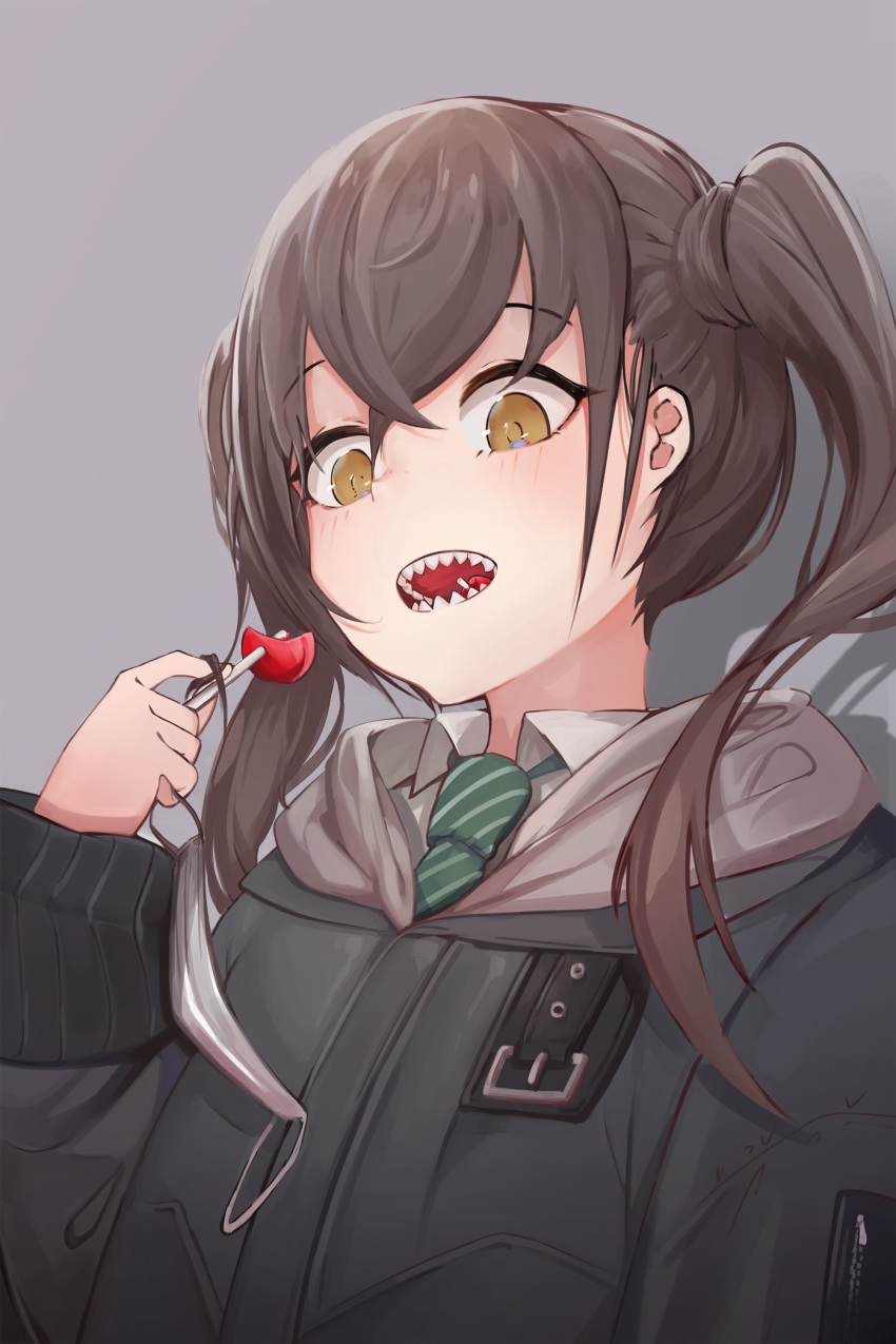 1girl :o anizi_(anizi9621) bangs black_jacket blush brown_eyes brown_hair collared_shirt commentary_request green_neckwear grey_background hand_up highres holding_lollipop hood hood_down hooded_jacket idolmaster idolmaster_cinderella_girls jacket long_hair long_sleeves looking_at_viewer necktie open_mouth sharp_teeth shirt sidelocks simple_background sleeves_past_wrists solo striped striped_neckwear sunazuka_akira teeth twintails upper_body white_shirt