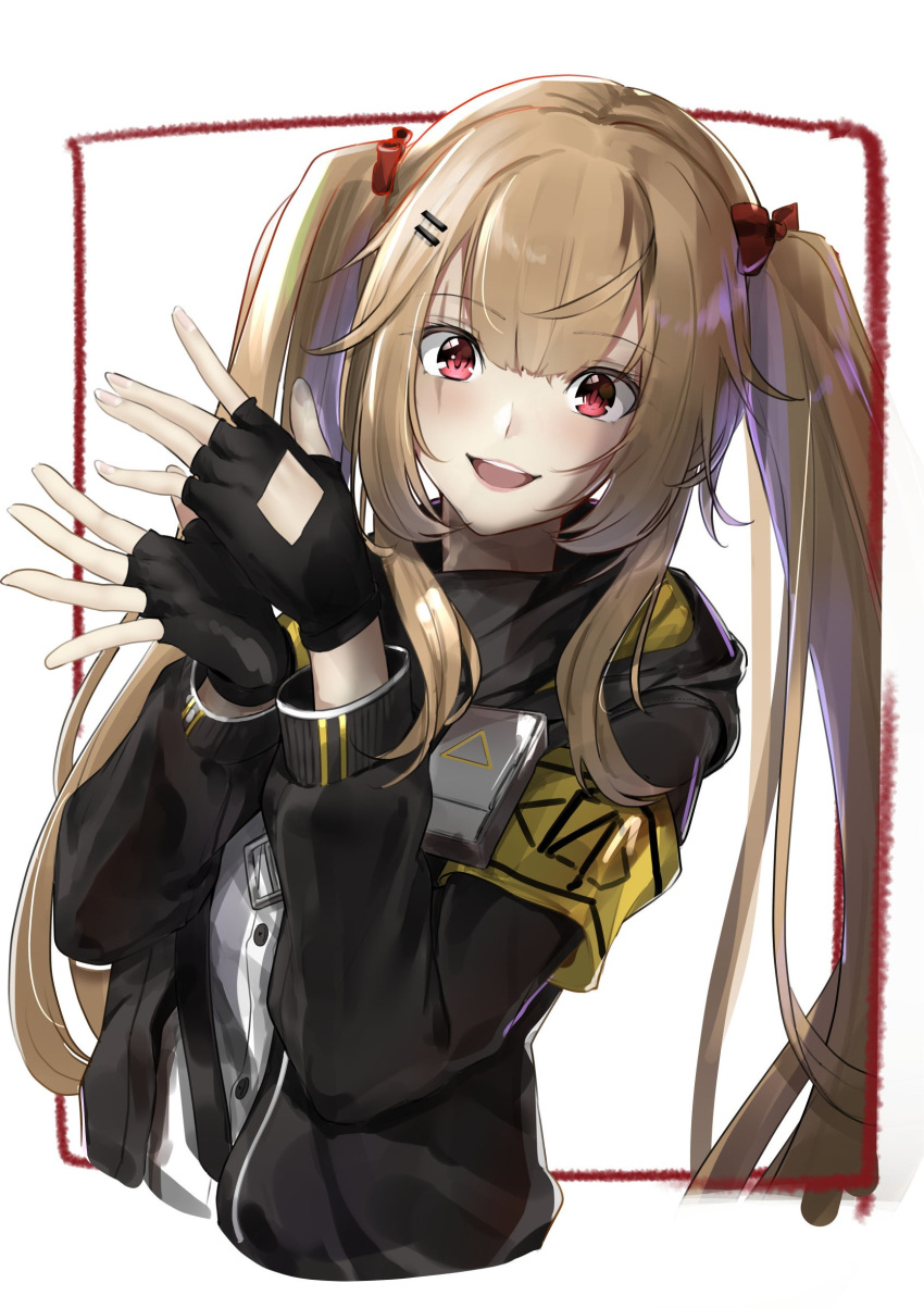 1girl armband bangs black_jacket bow eyebrows_visible_through_hair fingerless_gloves girls_frontline gloves hair_between_eyes hair_ornament hairclip hands_up highres hood hood_down hooded_jacket jacket light_brown_hair long_hair looking_at_viewer open_clothes open_jacket open_mouth pirapirapirapira red_bow red_eyes red_ribbon ribbon scar scar_across_eye twintails ump9_(girls_frontline)