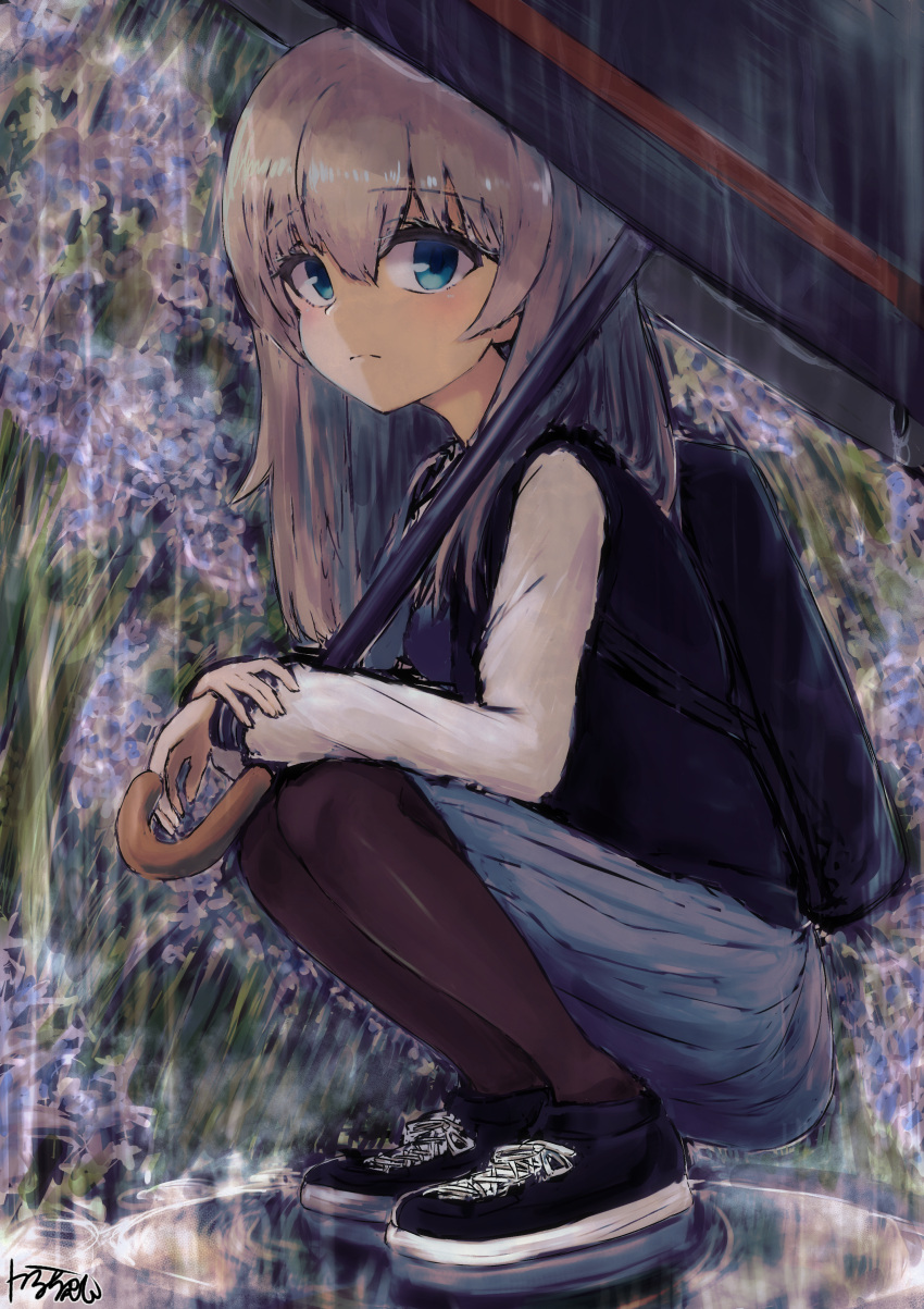 1girl absurdres artist_name backpack bag bangs black_jacket black_legwear blue_eyes blue_footwear blue_skirt blurry blurry_background casual closed_mouth commentary_request cross-laced_footwear day eyebrows_visible_through_hair flower from_side frown girls_und_panzer highres holding holding_umbrella huge_filesize itsumi_erika jacket karu_(ricardo_2628) letterman_jacket long_hair long_sleeves looking_at_viewer medium_skirt outdoors pantyhose partial_commentary plant pleated_skirt puddle rain shoes signature silver_hair skirt sneakers solo squatting umbrella