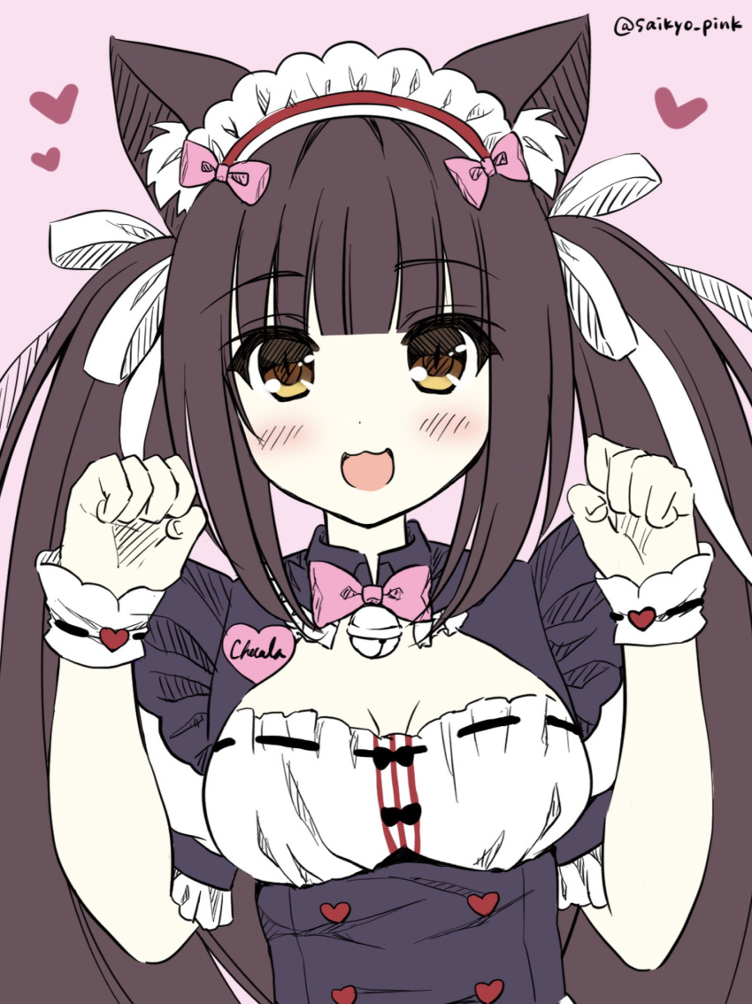 1girl :3 :d animal_ear_fluff animal_ears bell bow breasts brown_hair cat_ears chocola_(sayori) cleavage_cutout commentary_request eyebrows_visible_through_hair hair_ribbon hands_up heart highres jingle_bell long_hair looking_at_viewer maid maid_headdress medium_breasts name_tag nekopara open_mouth paw_pose pink_background pink_bow pink_neckwear ribbon sayaka_otaku short_sleeves simple_background smile solo twintails twitter_username upper_body very_long_hair white_ribbon wrist_cuffs yellow_eyes
