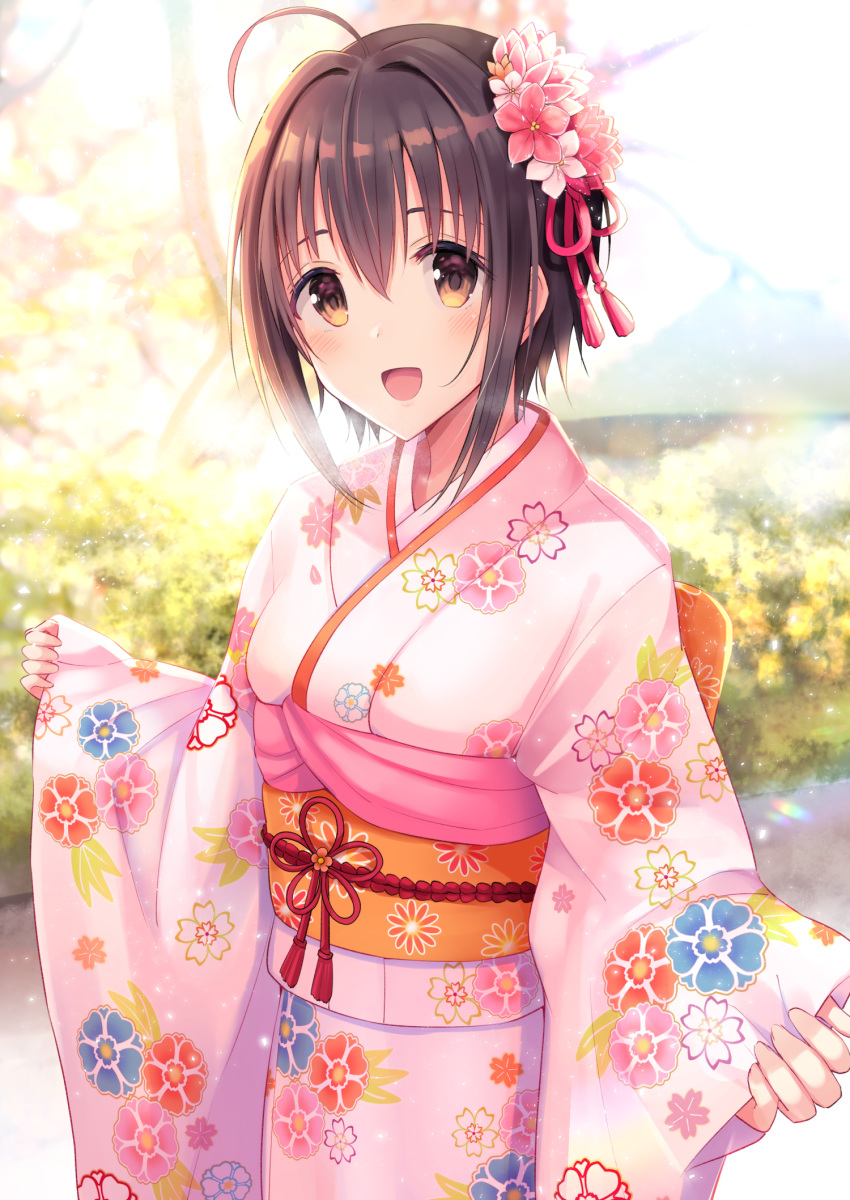 1girl :d ahoge bangs blurry blurry_background blush brown_eyes brown_hair commentary_request day depth_of_field eyebrows_visible_through_hair fingernails floral_print flower hair_between_eyes hair_flower hair_ornament head_tilt highres idolmaster idolmaster_cinderella_girls japanese_clothes kimono kohinata_miho long_sleeves looking_at_viewer obi open_mouth outdoors pinching_sleeves pink_flower pink_kimono print_kimono sash sleeves_past_wrists smile solo u_rin wide_sleeves