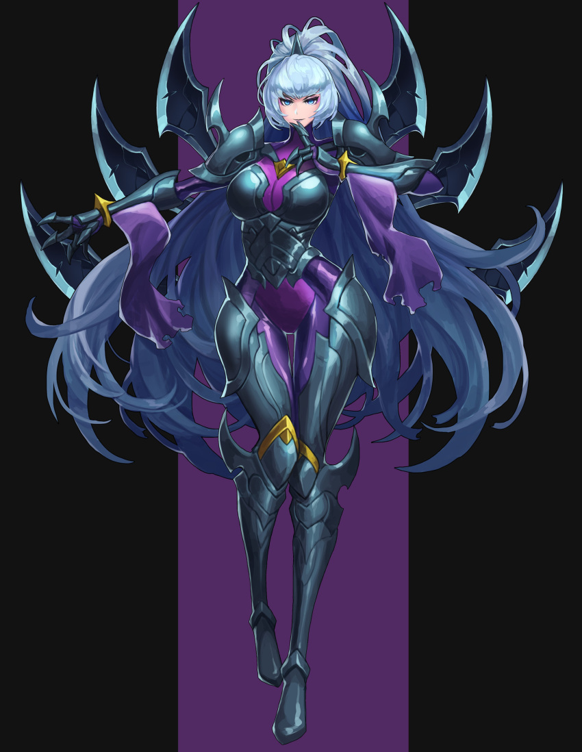 1girl absurdres armor bangs black_background blade blue_eyes drogod eyeliner finger_to_mouth greaves grey_hair hand_gesture highres irelia league_of_legends lipstick long_hair makeup nightblade_irelia pauldrons ponytail purple_background purple_eyeshadow purple_lips purple_lipstick scratches silver_hair simple_background smile solo standing torn_clothes turtleneck weapon