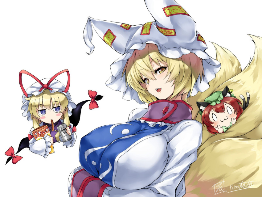 3girls :3 :d animal_ear_fluff animal_ears artist_name bangs blonde_hair blush blush_stickers bow breast_hold breasts can cat_ears cat_tail chen chibi commentary_request covered_nipples double_v dress eyebrows_visible_through_hair food food_in_mouth frilled_shirt_collar frilled_sleeves frills gap green_hat hair_between_eyes hat hat_ribbon highres holding holding_can holding_food huge_breasts long_sleeves looking_at_another looking_at_viewer mob_cap multiple_girls multiple_tails nekomata open_mouth pillow_hat red_bow red_ribbon ribbon sidelocks signature simple_background smile tabard tail tirotata touhou translation_request two_tails upper_body v violet_eyes white_background white_dress white_hat wide_sleeves yakumo_ran yakumo_yukari yellow_eyes