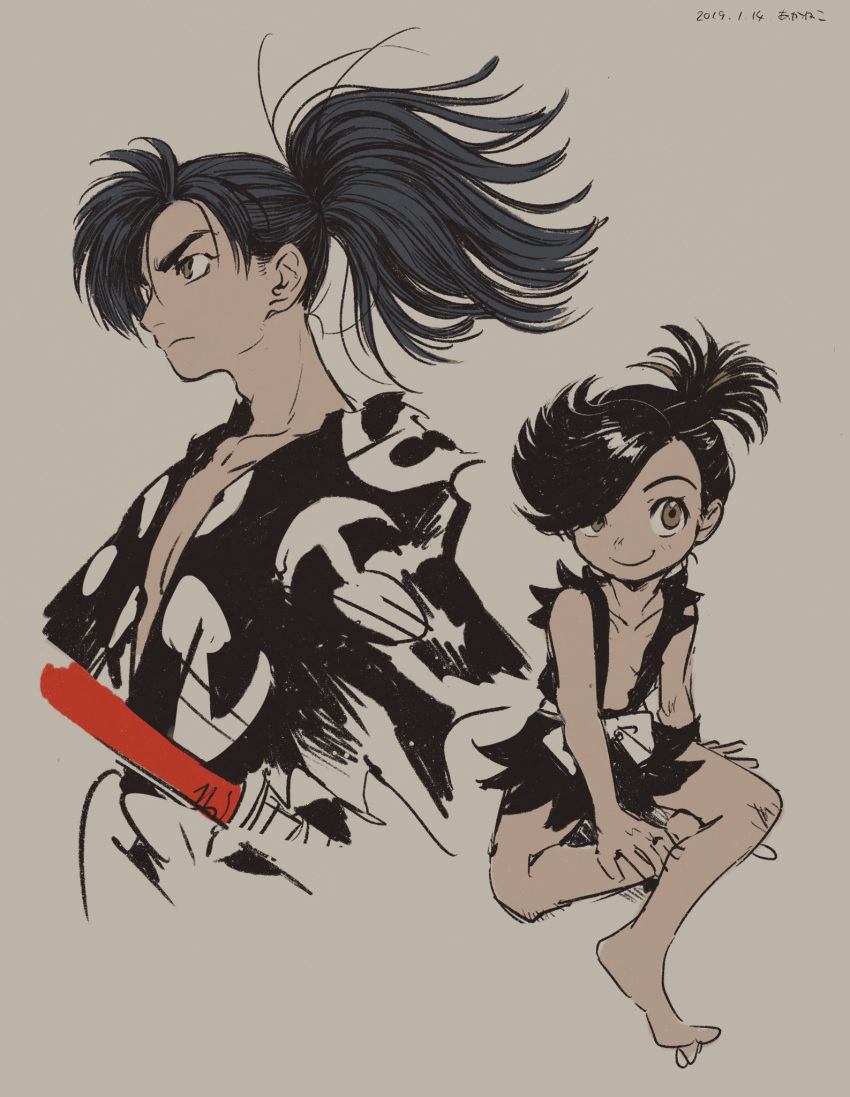 2boys akaneko_(redakanekocat) barefoot beige_background black_hair brown_eyes closed_mouth dororo_(character) dororo_(tezuka) hair_over_one_eye highres hyakkimaru_(dororo) japanese_clothes looking_at_viewer male_focus multiple_boys ponytail serious sheath sheathed simple_background smile sotting sword topknot weapon