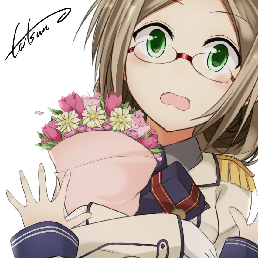 bouquet box epaulettes flower gift gift_box glasses gloves green_eyes highres holding kantai_collection katori_(kantai_collection) light_brown_hair long_sleeves open_mouth simple_background surprised tatsuno_(saya-tatsuno) white_gloves