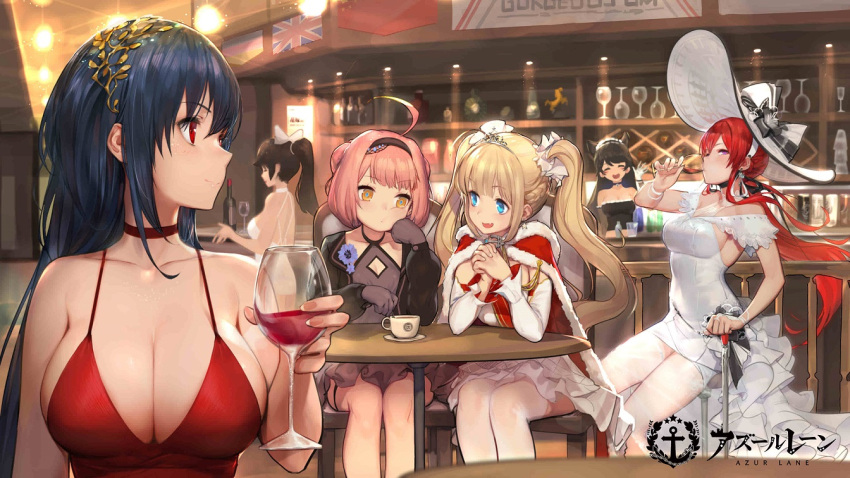 6+girls ahoge alcohol amazon_(azur_lane) animal_ears atago_(azur_lane) azur_lane bangs bare_legs bare_shoulders black_dress black_gloves black_hair blonde_hair blue_eyes blush bonet bow breasts bridal_gauntlets choker cleavage closed_eyes closed_mouth cocktail_dress cup dress drinking drinking_glass earrings eyebrows_visible_through_hair fang gloves gorgeous_mushroom hair_between_eyes hair_flaps hair_ornament hair_ribbon halter_top halterneck hat hat_bow headband jewelry large_breasts long_hair looking_at_viewer low_ponytail maid_headdress monarch_(azur_lane) multiple_girls official_art open_mouth pink_hair ponytail red_choker red_dress red_eyes redhead ribbon sidelocks sitting smile star star_earrings sun_hat taihou_(azur_lane) takao_(azur_lane) thigh-highs thighlet twintails u-81_(azur_lane) white_bow white_dress white_legwear wine wine_glass yellow_eyes