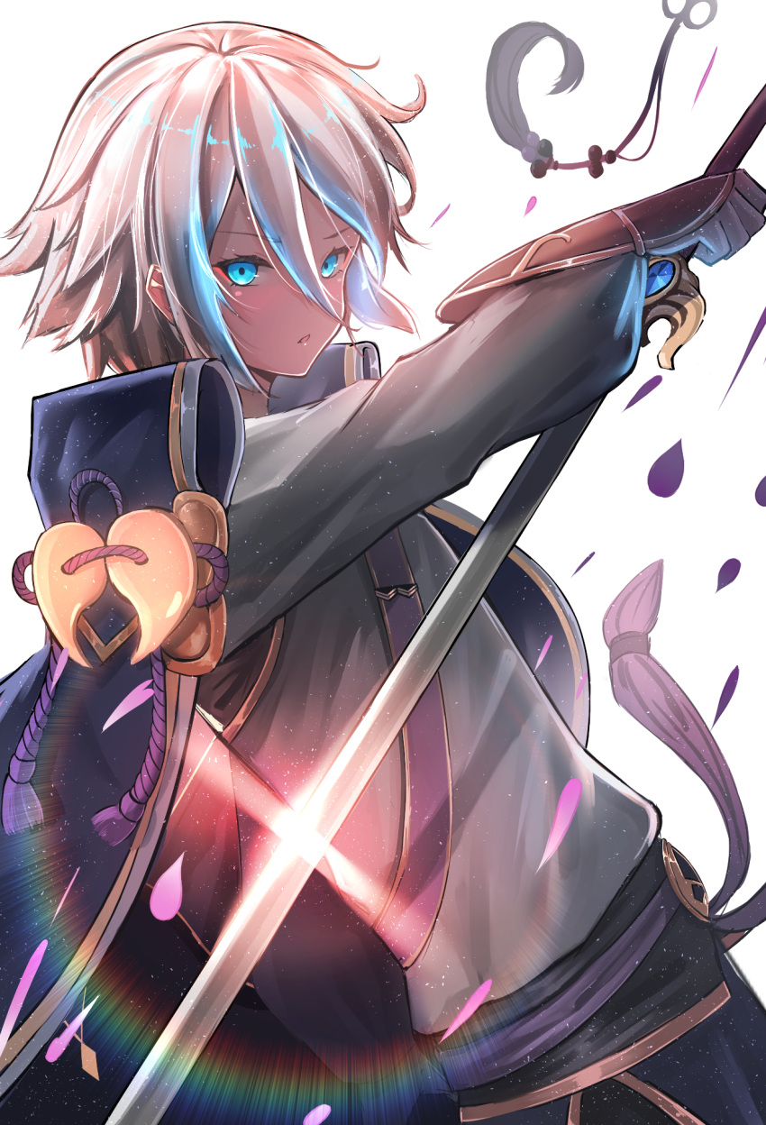 1boy bangs blue_eyes eyebrows_visible_through_hair fate/grand_order fate_(series) floating gao_changgong_(fate) gauntlets gloves hair_between_eyes highres holding holding_sword holding_weapon looking_at_viewer parted_lips pasoputi petals short_hair silver_hair simple_background solo sword tagme weapon white_background