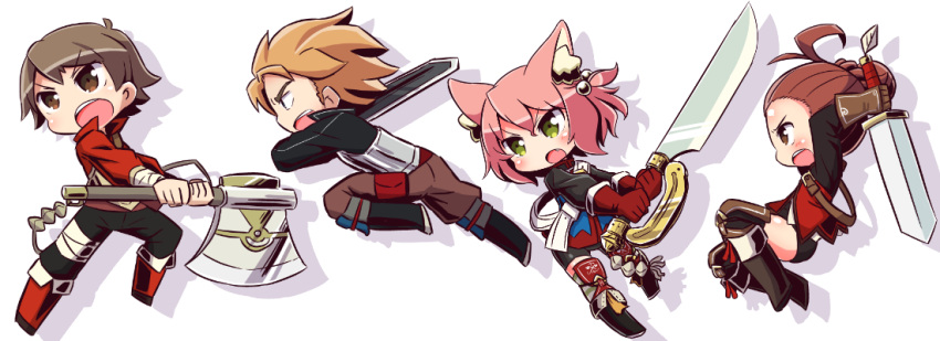 2boys 2girls 7th_dragon 7th_dragon_(series) :o animal_ear_fluff animal_ears arms_up axe bangs bike_shorts black_footwear black_pants black_shirt black_shorts blue_jacket blush boots brown_eyes brown_gloves brown_hair brown_pants cat_ears character_request chibi drop_shadow eyebrows_visible_through_hair fang gloves hair_between_eyes hair_bobbles hair_ornament harukara_(7th_dragon) holding holding_axe holding_sword holding_weapon jacket knee_boots long_sleeves moiko_(7th_dragon) multiple_boys multiple_girls naga_u one_side_up open_mouth pants pink_hair red_footwear red_gloves red_jacket shirt short_shorts shorts striped striped_legwear sword thigh-highs thighhighs_under_boots two-handed v-shaped_eyebrows weapon white_background