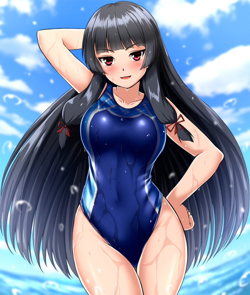 1girl alternate_costume black_hair blue_sky blush breasts competition_swimsuit hair_ribbon highres isokaze_(kantai_collection) kantai_collection large_breasts long_hair looking_at_viewer one-piece_swimsuit open_mouth red_eyes ribbon sky solo swimsuit tress_ribbon water_drop zanntetu