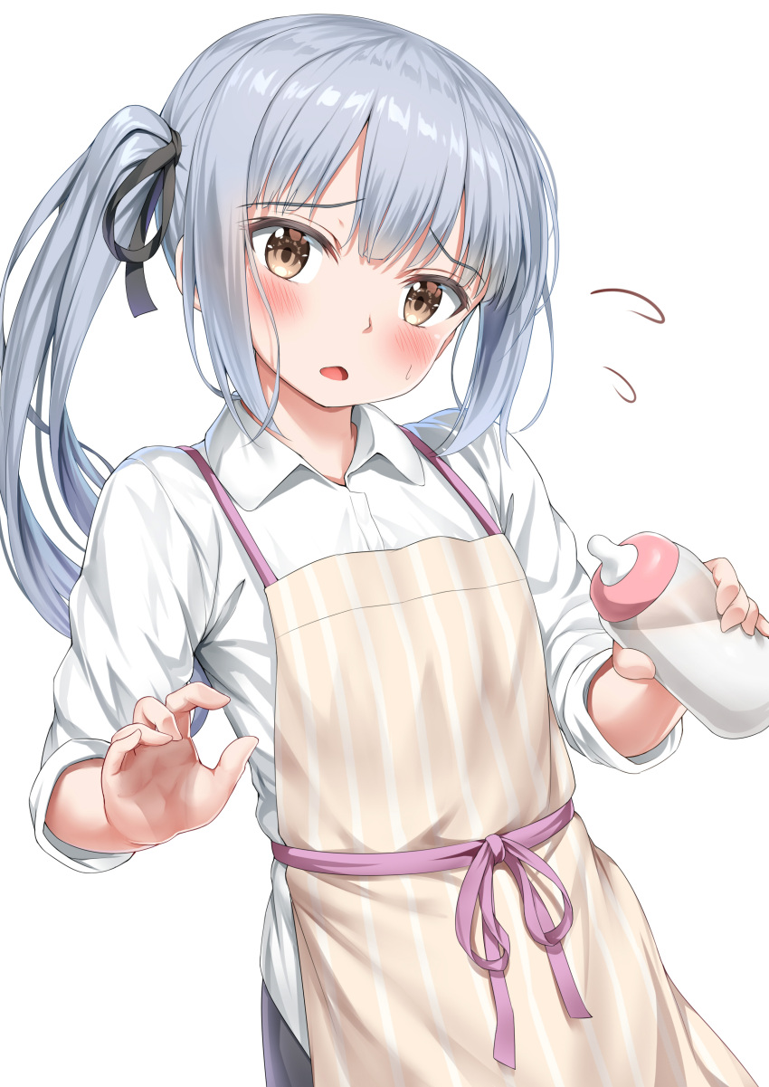 1girl absurdres alternate_costume apron black_ribbon blush brown_eyes hair_ribbon highres kantai_collection kasumi_(kantai_collection) long_hair looking_at_viewer milk nedia_(nedia_region) open_mouth pink_apron ribbon shirt short_sleeves side_ponytail silver_hair solo white_shirt