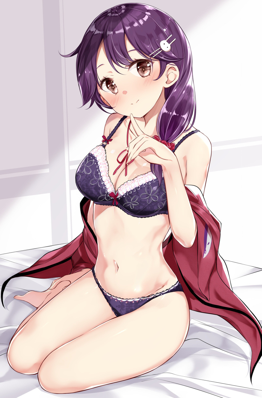 1girl absurdres ahoge bangs black_hair blush bow bra breasts brown_eyes finger_to_mouth hair_bow hair_over_shoulder hand_on_own_foot head_tilt highres indoors kantai_collection kengorou_saemon_ii_sei large_breasts long_hair navel off_shoulder on_bed panties purple_bra purple_hair purple_panties red_bow shushing sidelocks sitting smile solo stomach thighs underwear ushio_(kantai_collection) yokozuwari