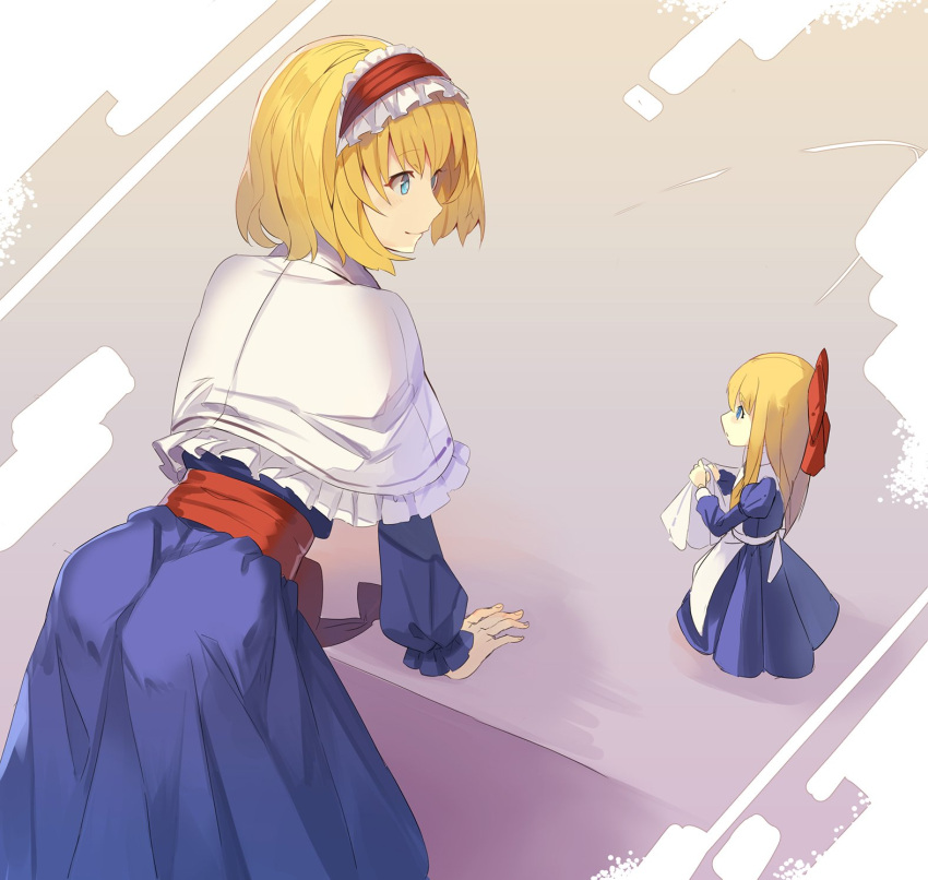 2girls alice_margatroid apron ass bangs blonde_hair blue_dress blue_eyes bow capelet commentary_request cowboy_shot dress eyebrows_visible_through_hair frilled_capelet frilled_hairband frills from_behind grey_background hair_bow hairband highres holding juliet_sleeves leaning_forward lolita_hairband long_hair long_sleeves looking_at_another multiple_girls puffy_sleeves red_bow red_hairband red_sash rin_falcon sash shadow shanghai_doll short_hair sidelocks standing touhou waist_apron white_apron white_capelet