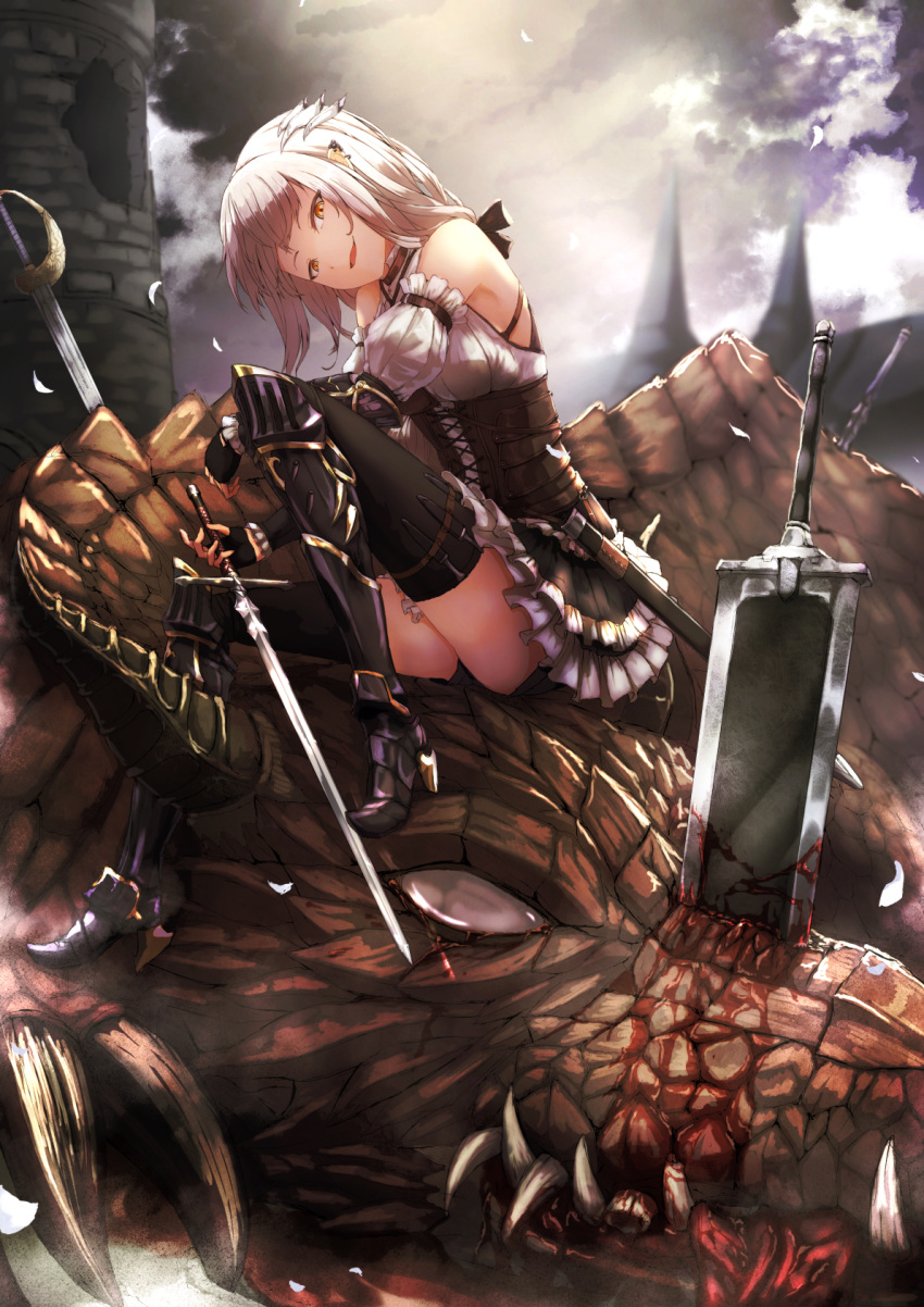 1girl armored_boots black_legwear blood blurry blurry_background boots corset detached_sleeves dragon earrings fantasy fingerless_gloves frilled_skirt frills gloves hair_ornament head_tilt highres jewelry long_hair looking_at_viewer namako_(namacotan) open_mouth original pointy_ears shorts shorts_under_skirt sitting skirt solo thigh-highs tower white_hair yellow_eyes