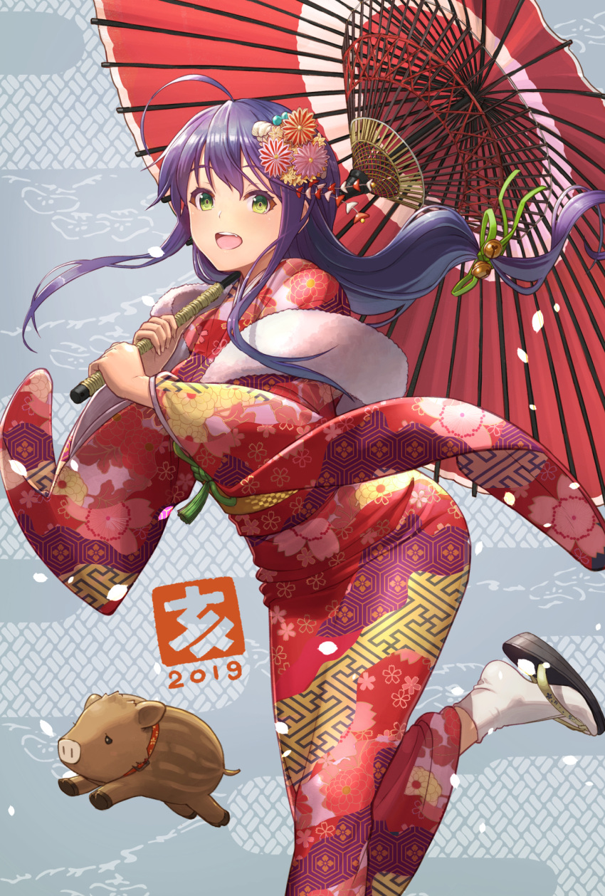 1girl 2019 :d ahoge animal bangs bell black_footwear boar chinese_zodiac commentary_request copyright_request eyebrows_visible_through_hair fingernails floral_print fur_collar furisode green_eyes green_ribbon hair_bell hair_ornament hair_ribbon highres holding holding_umbrella japanese_clothes jingle_bell kimono long_hair long_sleeves low-tied_long_hair open_mouth petals print_kimono purple_hair red_kimono red_umbrella ribbon smile solo standing standing_on_one_leg tabi tantaka umbrella very_long_hair white_legwear wide_sleeves year_of_the_pig zouri