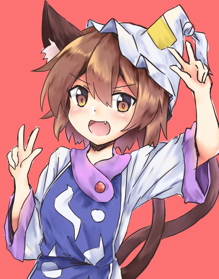 1girl :d absurdres akiteru98 animal_ear_fluff animal_ears arm_up bangs blush brown_eyes brown_hair cat_ears cat_tail chen commentary_request cosplay double_w dress eyebrows_visible_through_hair fang hair_between_eyes hand_up hat highres long_sleeves looking_at_viewer mob_cap multiple_tails nekomata open_mouth pillow_hat red_background short_hair simple_background smile solo tabard tail touhou two_tails upper_body v-shaped_eyebrows w white_dress wide_sleeves yakumo_ran yakumo_ran_(cosplay)