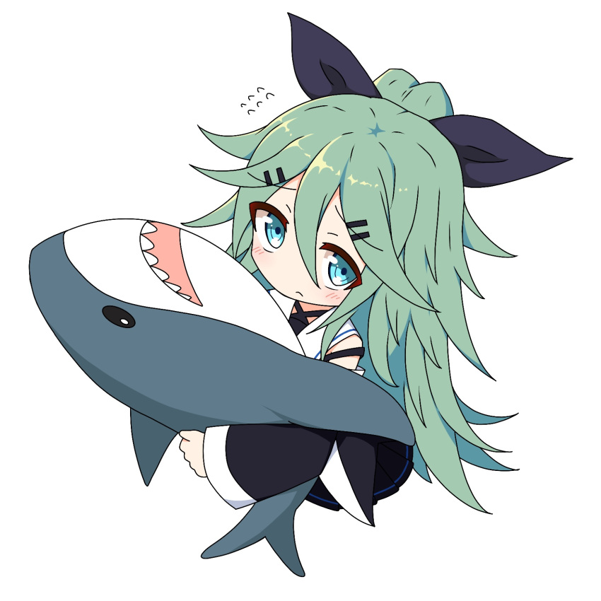 1girl bangs black_ribbon black_skirt black_sleeves blue_eyes blush closed_mouth commentary_request detached_sleeves eyebrows_visible_through_hair from_above green_hair hair_between_eyes hair_ornament hair_ribbon hairclip high_ponytail highres ichi ikea_shark kantai_collection long_hair long_sleeves looking_at_viewer looking_up object_hug pleated_skirt ponytail ribbon sailor_collar simple_background skirt solo stuffed_animal stuffed_shark stuffed_toy very_long_hair white_background white_sailor_collar wide_sleeves yamakaze_(kantai_collection)