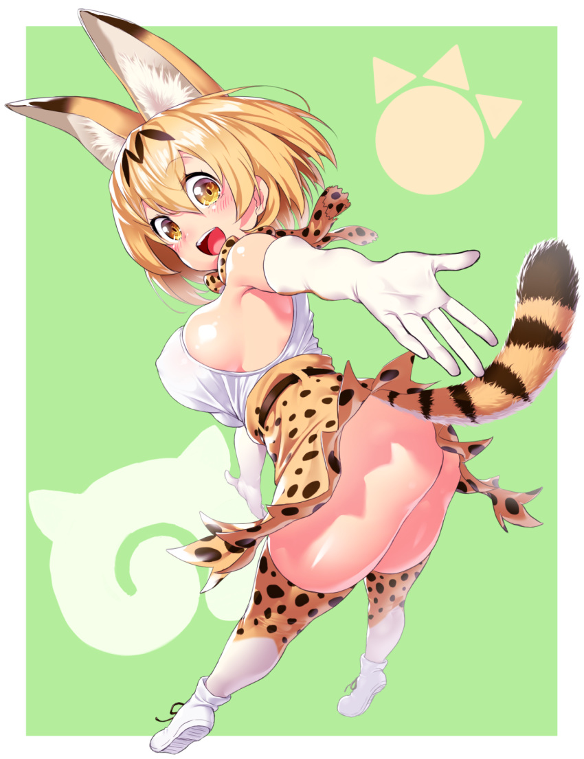 1girl :d animal_ears belt blonde_hair blush commentary_request elbow_gloves extra_ears eyebrows_visible_through_hair gloves green_background hair_between_eyes high-waist_skirt highres japari_symbol kemono_friends looking_at_viewer looking_back no_panties onsoku_maru open_mouth outstretched_arms partial_commentary print_legwear print_neckwear print_skirt serval_(kemono_friends) serval_ears serval_print serval_tail short_hair skirt smile solo tail thigh-highs white_footwear white_gloves white_legwear yellow_eyes yellow_legwear yellow_neckwear yellow_skirt