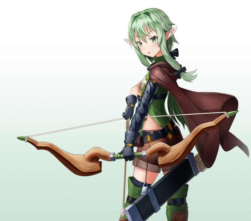 1girl :o arrow black_gloves black_legwear bow_(weapon) brown_cape brown_shorts cape chisi cowboy_shot eyebrows_visible_through_hair garter_straps gloves goblin_slayer! gradient gradient_background green_eyes green_hair hair_between_eyes high_elf_archer_(goblin_slayer!) highres holding holding_arrow holding_bow_(weapon) holding_weapon long_hair looking_at_viewer midriff open_mouth pointy_ears shiny shiny_hair short_shorts shorts solo standing thigh-highs weapon white_background