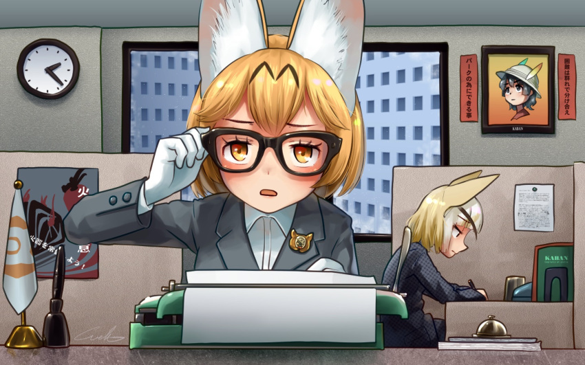 2girls adjusting_eyewear alternate_costume animal_ear_fluff animal_ears bespectacled black-framed_eyewear blonde_hair clock commentary_request contemporary eyebrows_visible_through_hair fennec_(kemono_friends) formal fox_ears glasses gloves grey_suit kaban_(kemono_friends) kemono_friends looking_at_viewer multicolored_hair multiple_girls office open_mouth pen portrait_(object) serval_(kemono_friends) serval_ears short_hair signature suit translation_request typewriter unmoving_pattern wall_clock welt_(kinsei_koutenkyoku) white_gloves white_hair yellow_eyes