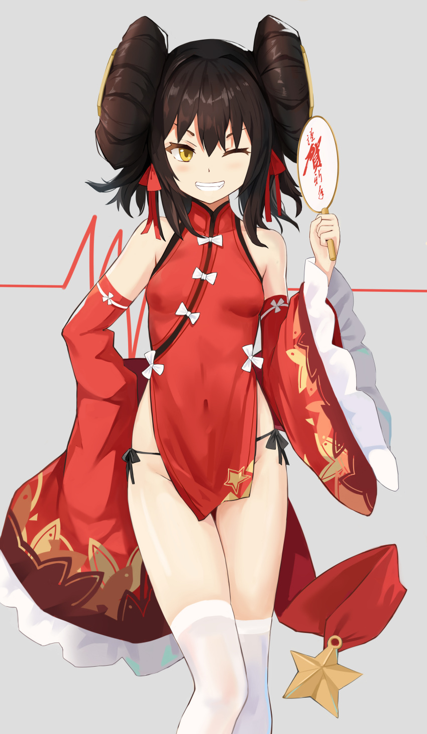 1girl absurdres bangs bare_shoulders black_hair black_panties blush breasts china_dress chinese_clothes commentary_request covered_navel detached_sleeves dress fan feet_out_of_frame girls_frontline grin groin hair_ribbon hand_up highres holding holding_fan long_hair long_sleeves looking_at_viewer one_eye_closed panties pelvic_curtain qbz-97_(girls_frontline) qianqiu_wanxia red_ribbon ribbon side-tie_panties side_slit sidelocks sleeves_past_fingers sleeves_past_wrists small_breasts smile solo star teeth thigh-highs thighs tied_hair underwear v-shaped_eyebrows white_legwear wide_sleeves yellow_eyes