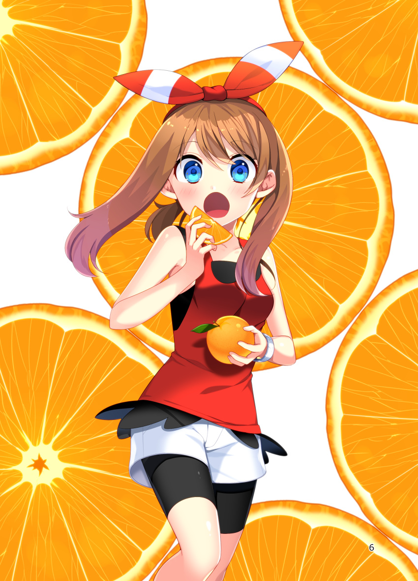 1girl :o absurdres bike_shorts black_shorts blue_eyes bow brown_hair collarbone creatures_(company) floating_hair food fruit game_freak hair_bow hairband haruka_(pokemon) highres holding holding_food holding_fruit long_hair looking_at_viewer nintendo pokemon pokemon_(game) pokemon_oras red_hairband red_shirt shiny shiny_hair shirt short_shorts shorts shorts_under_shorts sleeveless sleeveless_shirt solo standing striped striped_bow white_shorts yuihiko