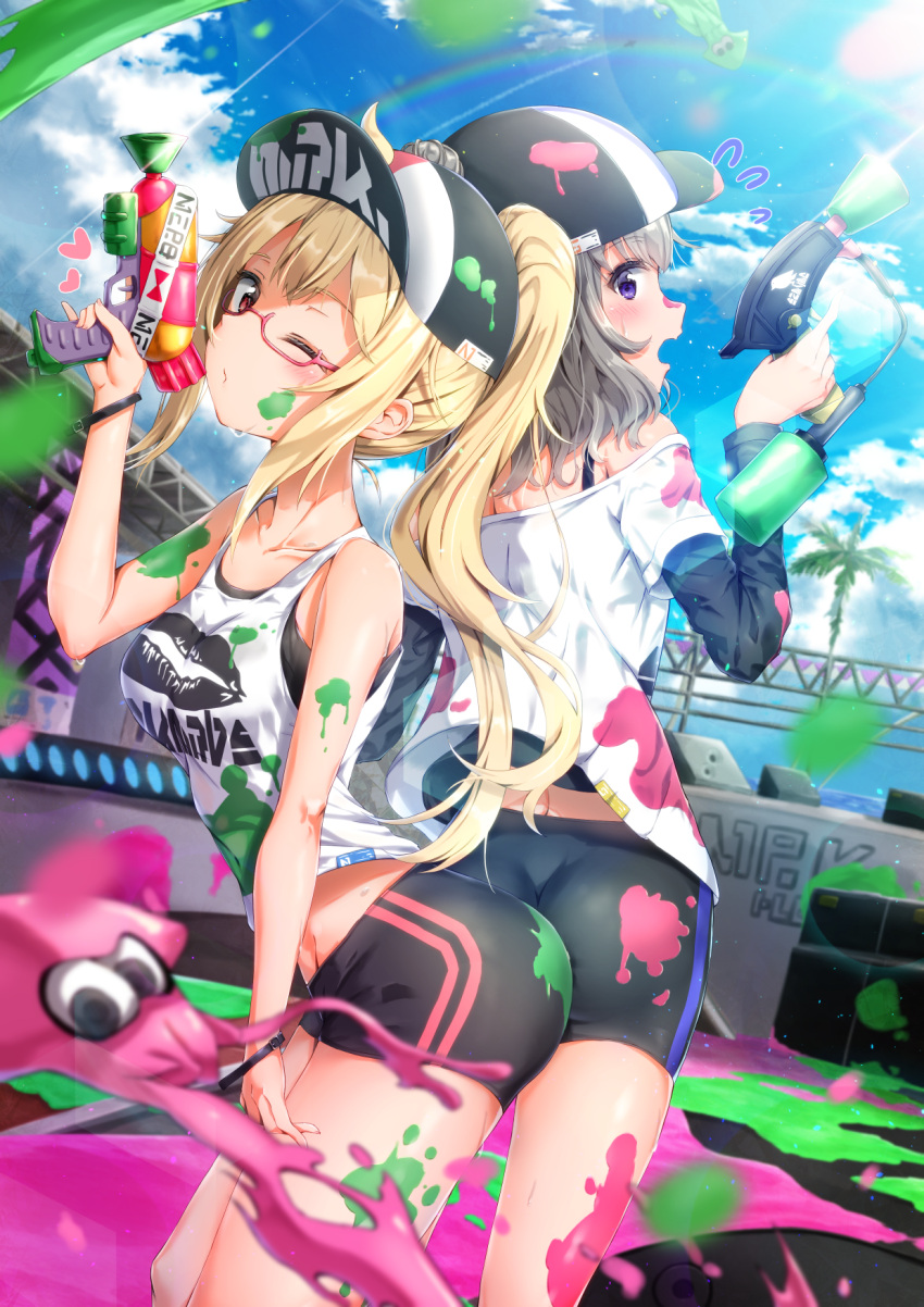 2girls ass ass-to-ass bare_shoulders baseball_cap bike_shorts black_hat black_shorts blonde_hair blue_sky blurry blurry_foreground blush breasts character_request closed_mouth clouds commentary crossover day depth_of_field dutch_angle fingernails flying_sweatdrops glasses grey_hair hat heart high_ponytail highres holding inkling kuria_(clear_trip_second) leaning_forward long_sleeves looking_at_viewer medium_breasts moroboshi_meroko moroboshi_meroko_(character) multiple_girls navel off-shoulder_shirt off_shoulder one_eye_closed open_mouth outdoors paint_splatter pink-framed_eyewear ponytail red_eyes semi-rimless_eyewear shirt short_over_long_sleeves short_shorts short_sleeves shorts sky splatoon_(series) squid standing symbol_commentary tank_top under-rim_eyewear violet_eyes virtual_youtuber weapon_request white_shirt white_tank_top