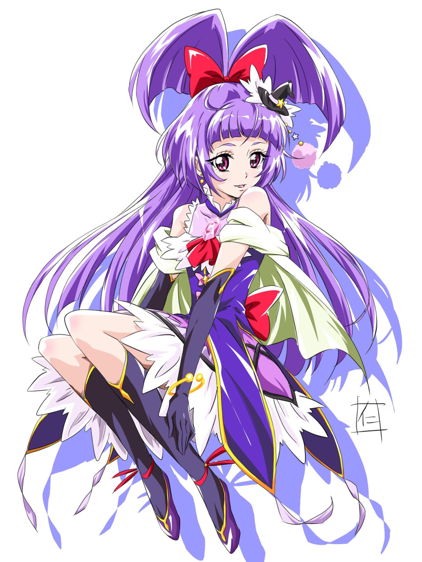 1girl :d ankle_ribbon ascot bangs black_gloves black_hat black_legwear blunt_bangs bow cure_magical elbow_gloves floating_hair full_body gem gloves hair_bow hat highres izayoi_liko kneehighs long_hair looking_at_viewer mahou_girls_precure! mini_hat nii_manabu open_mouth precure purple_hair red_bow red_eyes red_neckwear red_ribbon ribbon shadow shiny shiny_hair simple_background smile solo tied_hair very_long_hair white_background witch_hat