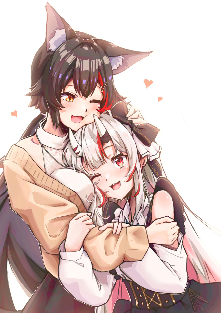 2girls ;d absurdres animal_ear_fluff animal_ears bangs black_hair black_ribbon black_skirt blush breasts brown_cardigan cardigan commentary_request hair_ornament hair_ribbon hand_on_another's_head heart highres hololive horns hug long_hair long_sleeves looking_at_another mooninkyuu multicolored_hair multiple_girls nakiri_ayame one_eye_closed oni_horns ookami_mio open_cardigan open_clothes red_eyes redhead ribbon shirt silver_hair simple_background skirt smile streaked_hair virtual_youtuber white_background white_shirt wolf_ears x_hair_ornament yellow_eyes yuri