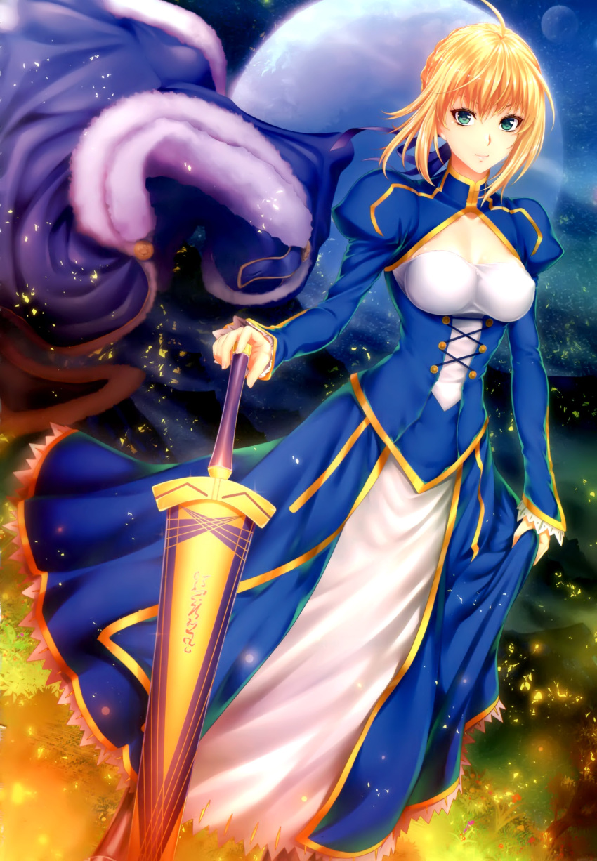 1girl absurdres ahoge arm_at_side artoria_pendragon_(all) bangs blonde_hair blue_dress blue_eyes braid breasts cape cape_removed cleavage cleavage_cutout closed_mouth corset covered_nipples detached_sleeves dress excalibur eyebrows_visible_through_hair eyelashes fate/stay_night fate_(series) french_braid full_moon fur-trimmed_cape fur_trim grass green_eyes hair_between_eyes hair_bun hair_ribbon hand_on_hilt highres holding holding_sword holding_weapon juliet_sleeves light_particles long_sleeves looking_at_viewer medium_breasts moon night night_sky outdoors puffy_long_sleeves puffy_sleeves ribbon saber scan shiny shiny_hair sidelocks skirt_hold sky smile solo standing star_(sky) starry_sky sword weapon zucchini