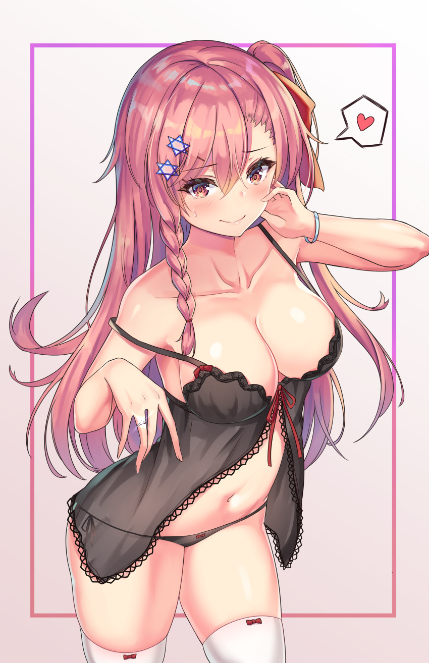 1girl absurdres babydoll bangle bangs bare_shoulders black_babydoll black_panties blush bow bracelet braid breasts cenangam cleavage collarbone commentary_request eyebrows_visible_through_hair girls_frontline hair_between_eyes hair_bow hair_ornament hair_ribbon hairclip hand_on_own_face hand_up hexagram highres jewelry long_hair looking_at_viewer medium_breasts navel negev_(girls_frontline) one_side_up panties pink_hair red_bow red_eyes ribbon ribbon-trimmed_legwear ribbon_trim ring skindentation smile solo star_of_david stomach strap_slip sweatdrop underwear white_legwear