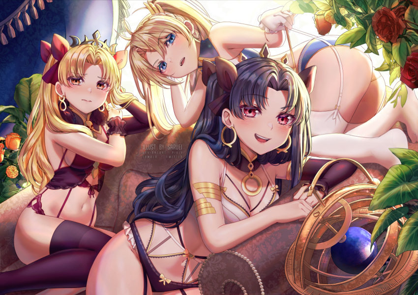 3girls artist_name ass asymmetrical_sleeves bangs bare_shoulders black_hair black_panties blonde_hair blue_eyes blue_panties blush bow bow_panties bradamante_(fate/grand_order) braid breasts brown_bow brown_eyes brown_legwear brown_sleeves cleavage closed_mouth commentary_request couch crown_braid earrings ereshkigal_(fate/grand_order) eyebrows_visible_through_hair fate/grand_order fate_(series) flower forehead foreshortening garter_straps gloves hair_between_eyes hair_bow hoop_earrings infinity ishtar_(fate/grand_order) jewelry lingerie long_hair long_sleeves looking_at_viewer medium_breasts multiple_girls on_couch panties parted_bangs red_bow red_eyes red_flower red_rose rose saruei single_bridal_gauntlet single_sleeve skull thigh-highs tiara twintails two_side_up underwear very_long_hair wavy_mouth white_gloves white_legwear