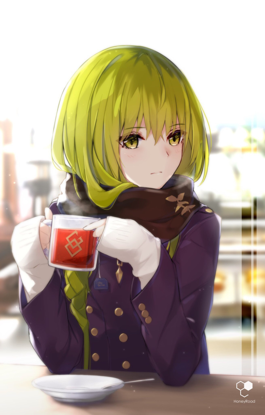 1other androgynous bangs bee_doushi black_tea blurry blurry_background blush breath brown_scarf commentary_request cup depth_of_field drink elbows_on_table enkidu_(fate/strange_fake) enpera eyebrows_visible_through_hair fate/strange_fake fate_(series) green_eyes green_hair hair_between_eyes highres holding holding_cup jacket long_hair long_sleeves looking_away looking_to_the_side purple_jacket saucer scarf sleeves_past_wrists solo spoon sweater table tea transparent upper_body very_long_hair white_sweater