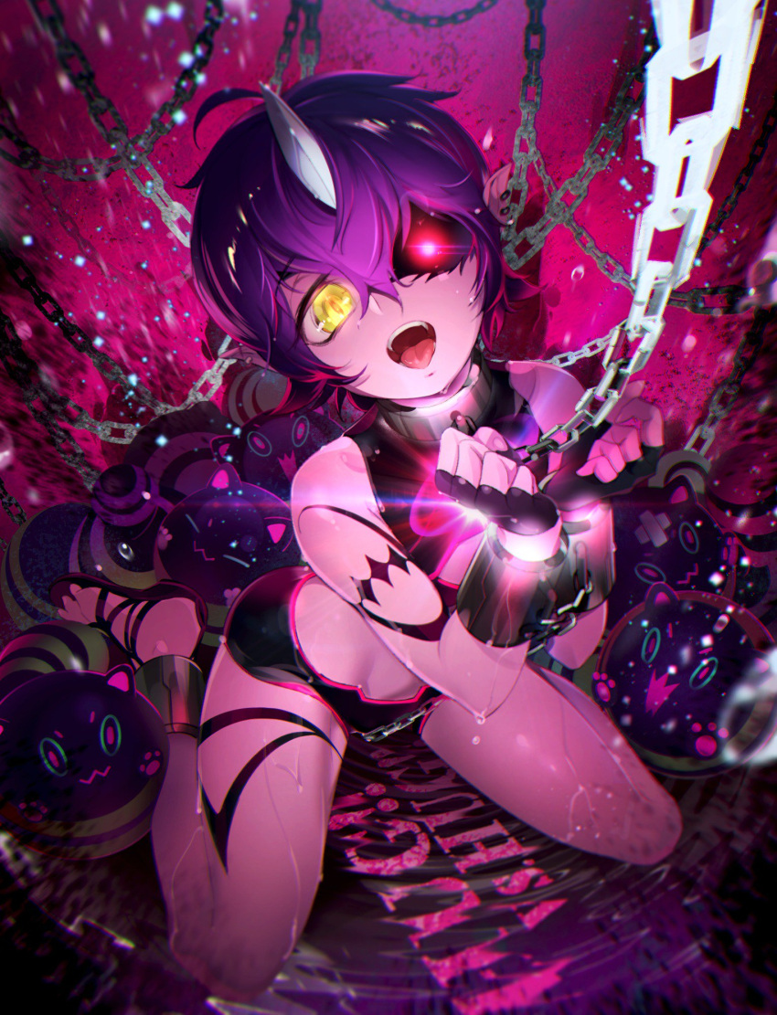 1other blurry chains collar cuffs depth_of_field dress eyebrows_visible_through_hair fingerless_gloves fu-mi.a gloves glowing glowing_eye highres horns inoten-chan kneeling metal_collar midriff open_mouth pointy_ears purple_hair shackles slippers sound_voltex strapless strapless_dress tamaneko_(sound_voltex) tongue tongue_out water_drop yellow_eyes